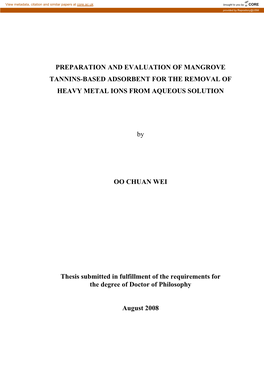 PREPARATION and EVALUATION of MANGROVE TANNINS-BASED ADSORBENT for the REMOVAL of HEAVY METAL IONS from AQUEOUS SOLUTION by OO C