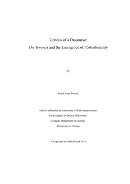 Genesis of a Discourse: the Tempest and the Emergence of Postcoloniality