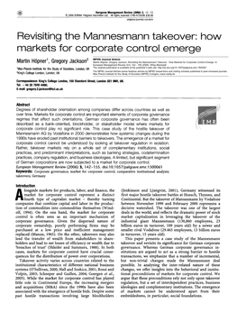 Revisiting the Mannesmann Takeover: How Markets For