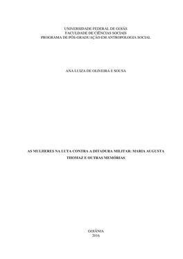 As Mulheres Na Luta Contra a Ditadura Militar: Maria Augusta Thomaz E Outras Memórias