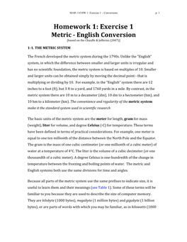 Homework 1: Exercise 1 Metric - English Conversion [Based on the Chauffe & Jefferies (2007)]