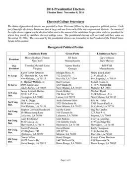 2016 Presidential Electors Election Date: November 8, 2016