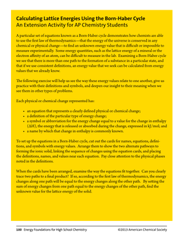 Calculating Lattice Energies Using the Born-Haber Cycle an Extension Activity for AP Chemistry Students