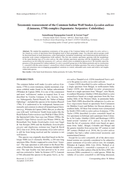 Taxonomic Reassessment of the Common Indian Wolf Snakes Lycodon Aulicus (Linnaeus, 1758) Complex (Squamata: Serpentes: Colubridae)