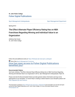 The Effect Alternate Player Efficiency Rating Has on NBA Franchises Regarding Winning and Individual Value to an Organization