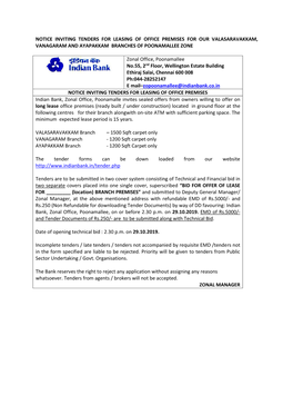 Notice Inviting Tenders for Leasing of Office Premises for Our Valasaravakkam, Vanagaram and Ayapakkam Branches of Poonamallee Zone