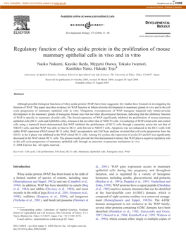 Regulatory Function of Whey Acidic Protein in the Proliferation of Mouse Mammary Epithelial Cells in Vivo and in Vitro