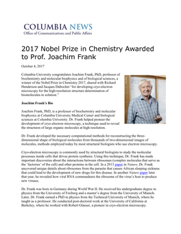 2017 Nobel Prize in Chemistry Awarded to Prof. Joachim Frank