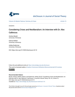 Considering Crises and Neoliberalism: an Interview with Dr. Alex Callinicos