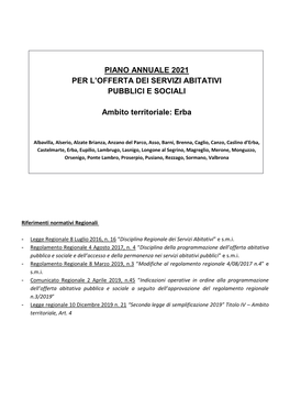 Piano Annuale 2021 Per L'offerta Dei Servizi Abitativi