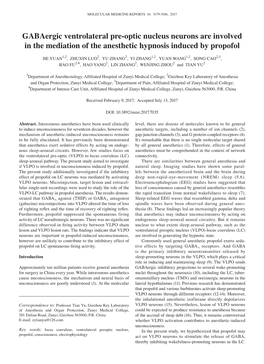 Gabaergic Ventrolateral Pre‑Optic Nucleus Neurons Are Involved in the Mediation of the Anesthetic Hypnosis Induced by Propofol