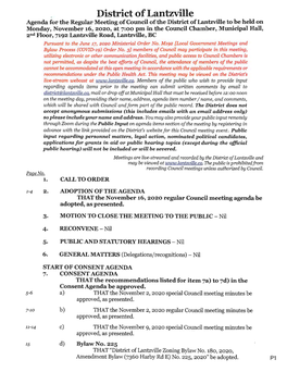 November 16, 2020 Regular Council Meeting Agenda Be Adopted, As Presented