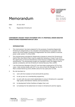 Memorandum to Regenerate Christchurch, Canterbury Cricket