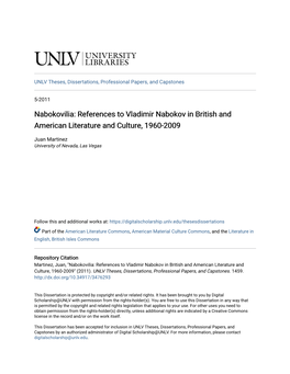 Nabokovilia: References to Vladimir Nabokov in British and American Literature and Culture, 1960-2009