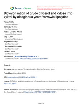 Biovalorisation of Crude Glycerol and Xylose Into Xylitol by Oleaginous Yeast Yarrowia Lipolytica