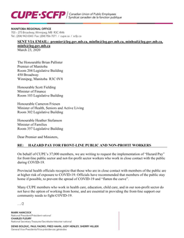 SENT VIA EMAIL: Premier@Leg.Gov.Mb.Ca, Minfin@Leg.Gov.Mb.Ca, Minhsal@Leg.Gov.Mb.Ca, Minfs@Leg.Gov.Mb.Ca March 23, 2020