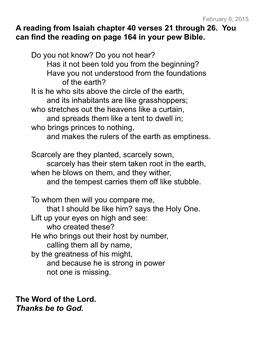 Readings 2015 02 08 Isaiah 40/21-26 / Psalm 147/1-6 / John 9/1-41