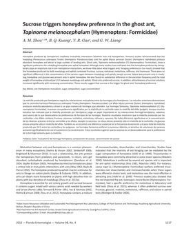 Sucrose Triggers Honeydew Preference in the Ghost Ant, Tapinoma Melanocephalum (Hymenoptera: Formicidae) A