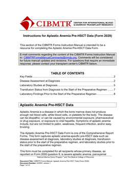 Aplastic Anemia Pre-HSCT Data (Form 2028)