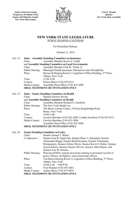 New York State Legislature Public Hearing Calendar