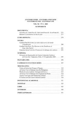 Culturas Y Fe Vol. Xi – N° 4 – 2003 Summarium Documenta