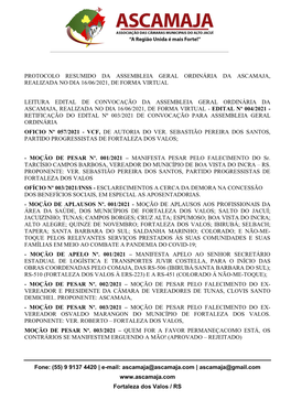 Protocolo Resumido Da Assembleia Geral Ordinária Da Ascamaja, Realizada No Dia 16/06/2021, De Forma Virtual