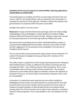 Grindleton Parish Council Response to United Utilities' Planning