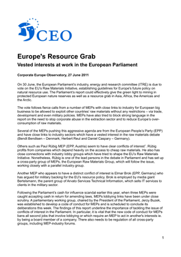 Europe's Resource Grab Vested Interests at Work in the European Parliament
