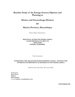 Baseline Study of the Energy Sources/Options and Planning in Manica and Sussundenga Districts of Manica Province, Mozambique