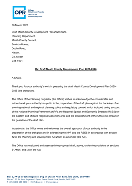 06 March 2020 Draft Meath County Development Plan 2020-2026, Planning Department, Meath County Council, Buvinda House, Dubli