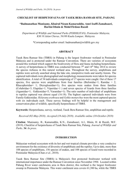 Checklist of Herpetofauna of Tasek Bera Ramsar Site, Pahang