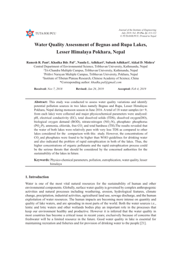 Water Quality Assessment of Begnas and Rupa Lakes, Lesser Himalaya Pokhara, Nepal