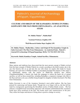 Culture and Origin of the Kamakhya Temple in Indra Goswami's the Man from Chinnamasta : an Analytical Study