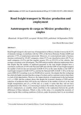 Road Freight Transport in Mexico: Production and Employment Autotransporte De Carga En México: Producción Y Empleo