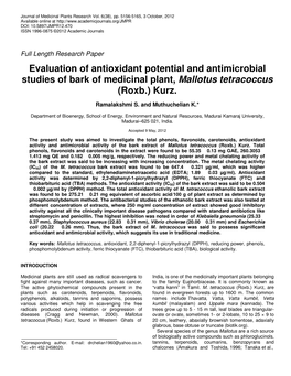 Evaluation of Antioxidant Potential and Antimicrobial Studies of Bark of Medicinal Plant, Mallotus Tetracoccus (Roxb.) Kurz