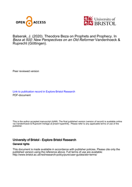 Theodore Beza on Prophets and Prophecy. in Beza at 500: New Perspectives on an Old Reformer Vandenhoeck & Ruprecht (Göttingen)