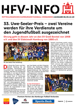 33. Uwe-Seeler-Preis – Zwei Vereine Werden Für Ihre Verdienste Um Den Jugendfußball Ausgezeichnet Ehrung Geht in Diesem Jahr an Den SV Groß Borstel Von 1908 E.V