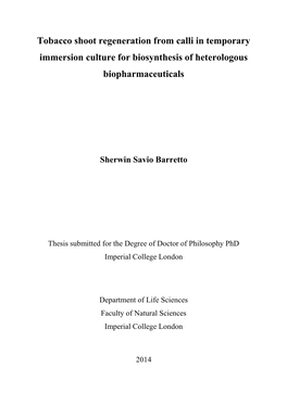 Tobacco Shoot Regeneration from Calli in Temporary Immersion Culture for Biosynthesis of Heterologous Biopharmaceuticals