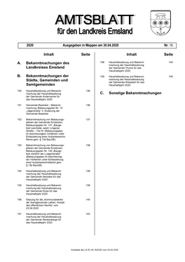 Inhalt Seite A. Bekanntmachungen Des Landkreises Emsland B