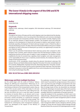 The Lower Vistula in the Aspect of the E40 and E70 International Shipping Routes