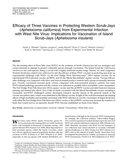 Efficacy of Three Vaccines in Protecting Western Scrub-Jays (Aphelocoma Californica) from Experimental Infection with West Nile