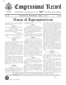 Congressional Record United States Th of America PROCEEDINGS and DEBATES of the 106 CONGRESS, FIRST SESSION