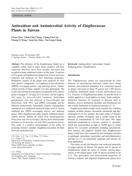 Antioxidant and Antimicrobial Activity of Zingiberaceae Plants in Taiwan