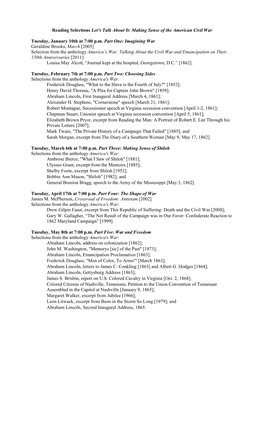 Reading Selections Let's Talk About It: Making Sense of the American Civil War Tuesday, January 10Th at 7:00 P.M. Part One: Im