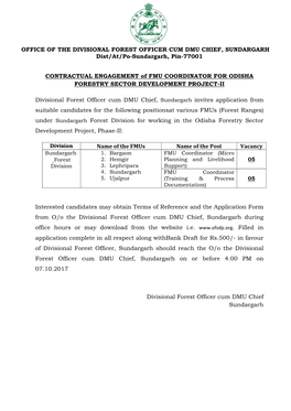 OFFICE of the DIVISIONAL FOREST OFFICER CUM DMU CHIEF, SUNDARGARH Dist/At/Po-Sundargarh, Pin-77001