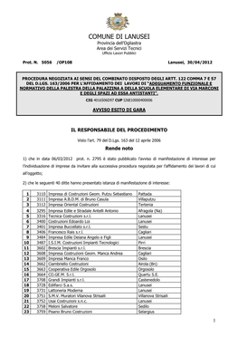 COMUNE DI LANUSEI Provincia Dell’Ogliastra Area Dei Servizi Tecnici Ufficio Lavori Pubblici