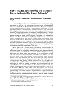 Martes Pennanti) Use of a Managed Forest in Coastal Northwest California1