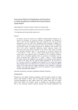 Concurrent Infection of Hydatidosis and Fasciolosis in Cattle Slaughtered at Mekelle Municipal Abattoir, Tigray Region