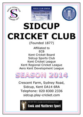 Sidcup CC Fixture Card 2014