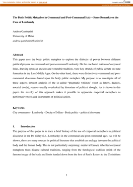 The Body Politic Metaphor in Communal and Post-Communal Italy – Some Remarks on the Case of Lombardy